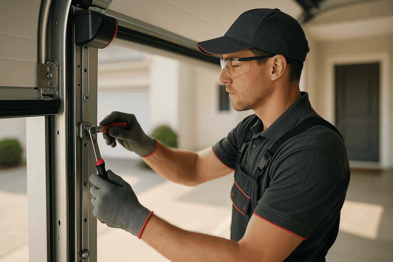 Garage door technician wearing safety gear inspecting modern residential garage door mechanism