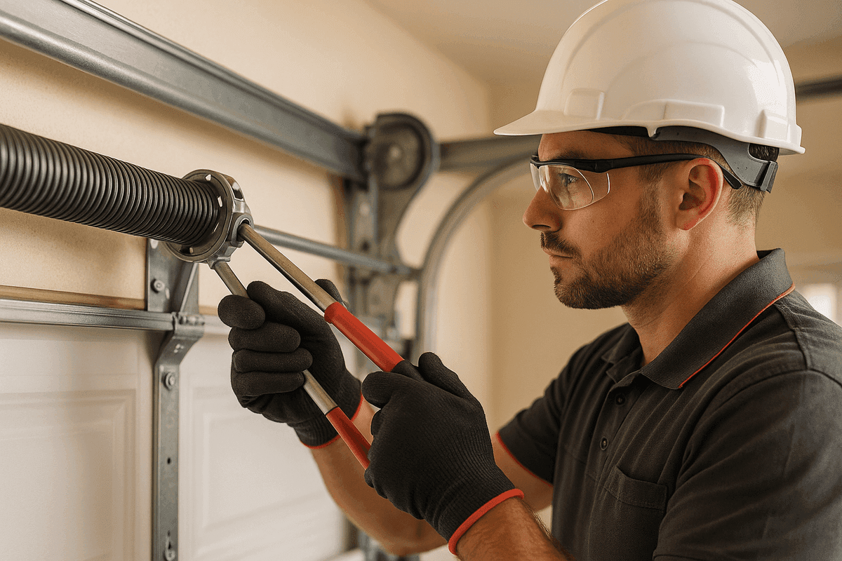 Close-up of technician’s gloved hands adjusting garage door spring in clean workspace